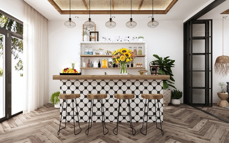  Quầy bar nhỏ trên tầng ba thuận tiện để tổ chức các bữa tiệc ngoài trời trên sân thượng. Khi muốn có một không gian rộng lớn, chiếc cửa kính ngăn đôi quầy bar và phòng đa năng ở bên cạnh sẽ được kéo ra để nối thông hai khu vực, sẵn sàng cho những buổi tiệc lớn tại gia.