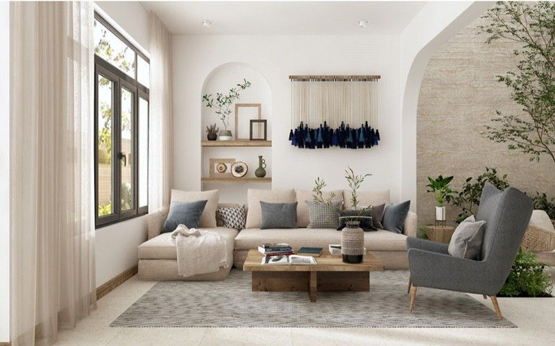 Ở thiết kế nội thất phong cách Địa Trung Hải, điều quan trọng nhất là yếu tố thiên nhiên, bởi Địa Trung Hải vốn là khu vực sông nước bao quanh, tràn ngập nắng gió. Ngôi nhà phố Deluxe Green House này thuộc dự án Aqua City - một khu đô thị sinh thái tự nhiên nằm ở phía Đông TP.HCM với hơn 500 hecta dành cho cây xanh và mặt nước và hơn 32 km đường sông bao bọc. Phía trước và sau nhà đều là không gian cây xanh chan hòa nắng gió. 