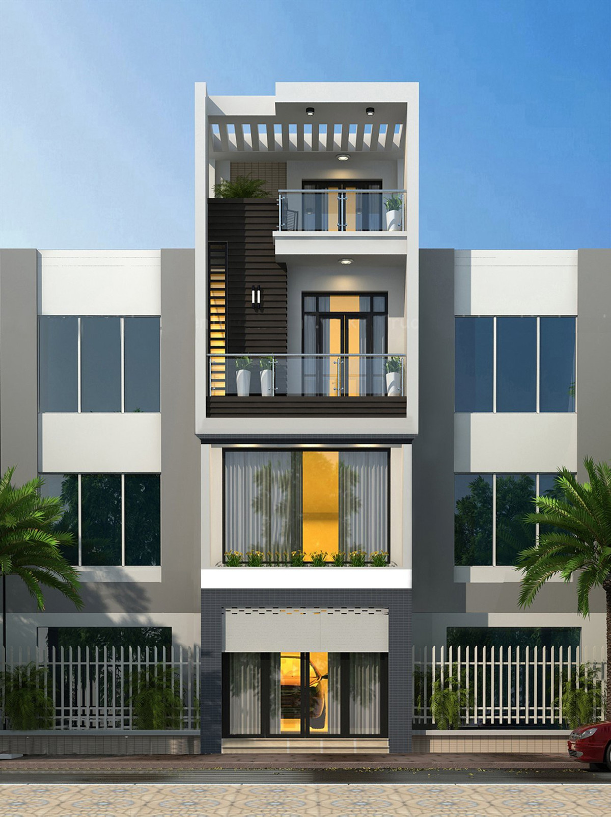 Từ hình khối thiết kế cho đến màu sắc ngoại thất ngôi nhà, tất cả đều đơn giản. Sử dụng màu be trắng sáng. Đây là mẫu nhà phố hiện đại và khoa học. Ảnh: Dhahome.