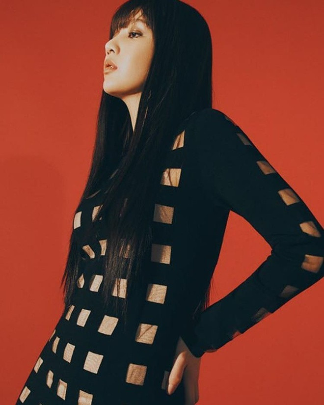 Thoát khỏi phong cách đáng yêu, tươi trẻ thường ngày, thành viên nhóm Red Velvet trông nổi bật với thiết kế ôm dáng. Mẫu váy có hoạ tiết xuyên thấu kết hợp mái tóc dài mang lại vẻ thu hút cho 9X. Cách trang điểm mắt tông nâu và đánh son nhạt màu giúp tăng phần bí ẩn cho Joy.