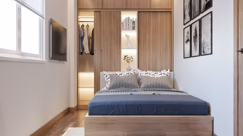 Căn phòng vô cùng hiện đại và sang trọng với hệ thống lưu trữ ẩn.