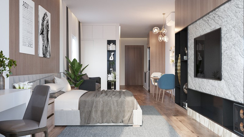 Khu vực phòng ngủ nằm liền kề với phòng khách.