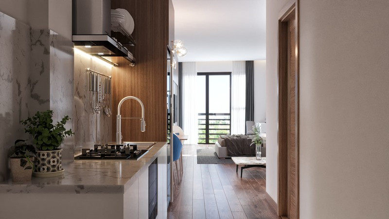 Bếp được bố trí tách riêng với các phòng còn lại để tránh mùi thức ăn ảnh hưởng đến không khí gia đình.