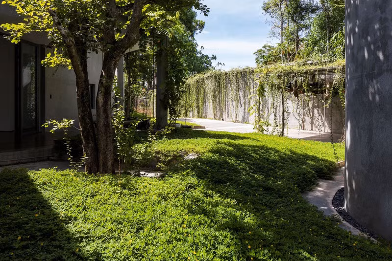 Toàn bộ số cây thân gỗ trong khu đất được giữ nguyên làm ý đồ chính để phát triển không gian của ngôi nhà như một cách ứng xử tôn trọng với tự nhiên.