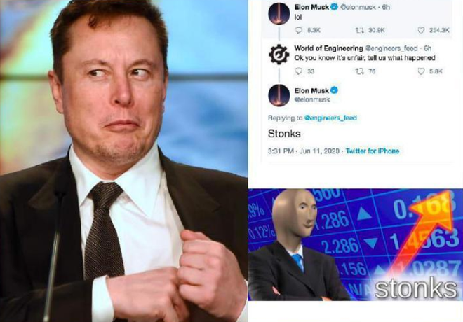 Ngày 11/6/2020, Musk đăng một dòng tweet ngắn gọn "lol", gây nhiều xôn xao và đồn đoán. Sau đó, Musk giải thích ông viết về thị trường chứng khoán. Ông nói "stonks" - từ "stocks" sai chính tả - thường được sử dụng để minh họa cho những quyết định xtài chính tồi tệ. Ảnh: Reddit.