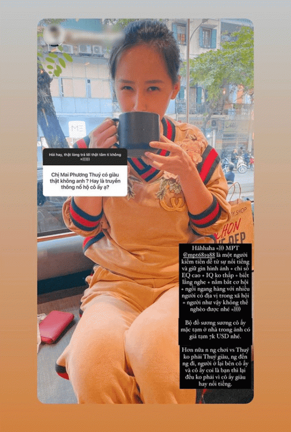 Một người bạn thân đã tiết lộ về sự giàu có của Mai Phương Thuý Sau khi đăng quang ngôi vị Hoa hậu, Mai Phương Thúy lại chọn con đường kinh doanh. Cô có cuộc sống sung túc với khối tài sản khiến nhiều người ngưỡng mộ. Không chỉ sở hữu biệt thự, xế xịn cùng nhiều mảnh đất ở những vị trí đắc địa tại TP.HCM, nàng Hậu còn được biết tới là mỹ nhân rất giỏi kinh doanh. Lợi nhuận từ kinh doanh nhà hàng, bất động sản, chứng khoán... của người đẹp 32 tuổi đều khá khủng.