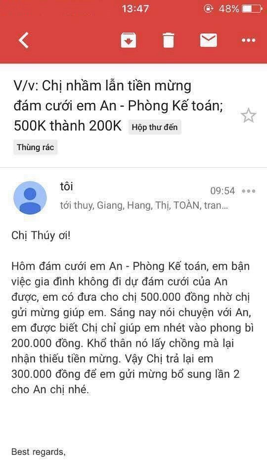 Co gai viet email nhan chi dong nghiep nham lan tien mung cuoi