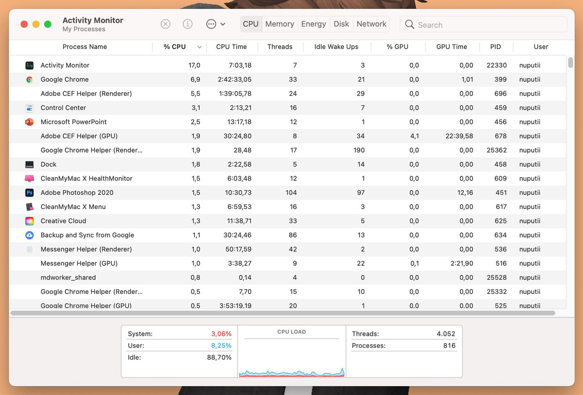  Kiểm tra trong Activity Monitor. Dù việc ứng dụng tiêu tốn nhiều tài nguyên CPU là do thiết kế hay bị lỗi, điều đó vẫn khiến CPU nóng lên. Người dùng có thể vào Finder &gt; Applications &gt; Utilities &gt; Activity Monitor. Trong cửa sổ hiện ra, chọn tab CPU để kiểm tra ứng dụng đang tiêu tốn nhiều tài nguyên CPU nhất. Nếu phát hiện ứng dụng chiếm nhiều CPU nhưng không cần dùng đến, hãy tắt nó đi. Ảnh: Chụp màn hình.