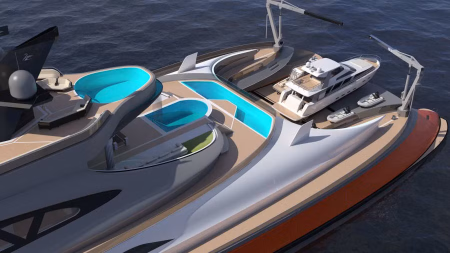 Theo đơn vị thiết kế, siêu du thuyền có ba động cơ phản lực và hai động cơ điện trung tâm, có khả năng đạt tốc độ ước tính khoảng 22 hải lý/giờ. Ảnh: Lazzarini Design Studio.