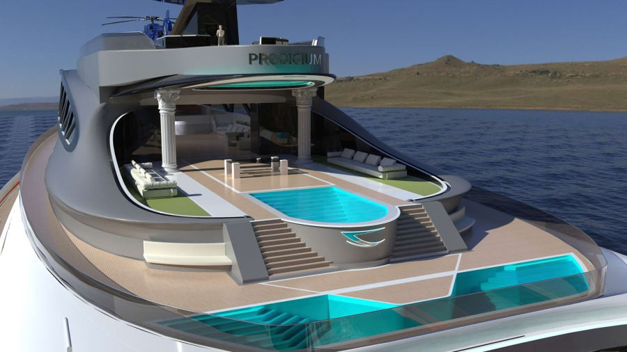 Prodigium gồm sáu boong, tầng trên khép kín, có thiết kế mô phỏng răng và mũi của động vật ăn thịt đại dương. Hai bên thân tàu được trang bị cánh tản nhiệt lớn, ngoài ra có thể mở rộng làm không gian sân thượng bổ sung. Ảnh: Lazzarini Design Studio.