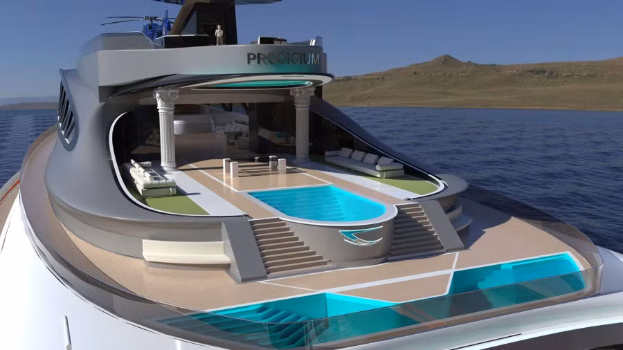 Prodigium gồm sáu boong, tầng trên khép kín, có thiết kế mô phỏng răng và mũi của động vật ăn thịt đại dương. Hai bên thân tàu được trang bị cánh tản nhiệt lớn, ngoài ra có thể mở rộng làm không gian sân thượng bổ sung. Ảnh: Lazzarini Design Studio.