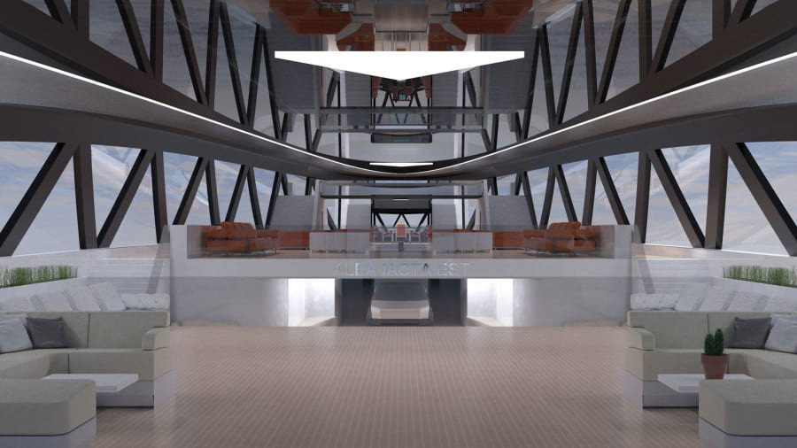 Bên trong siêu du thuyền mang phong cách hiện đại, sang trọng với không gian rộng lớn. Thiết kế cửa sổ kính "hàm cá mập" giúp du khách có thể ngắm nhìn phong cảnh biển bên ngoài. Ảnh: Lazzarini Design Studio.