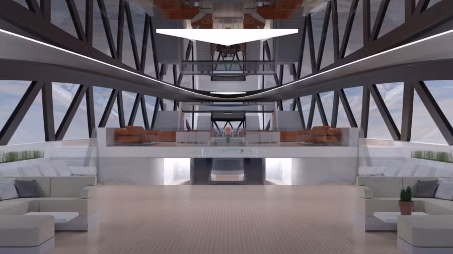 Bên trong siêu du thuyền mang phong cách hiện đại, sang trọng với không gian rộng lớn. Thiết kế cửa sổ kính "hàm cá mập" giúp du khách có thể ngắm nhìn phong cảnh biển bên ngoài. Ảnh: Lazzarini Design Studio.