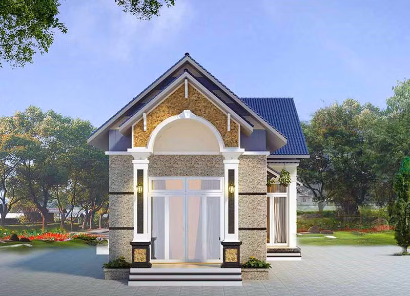 Đây là kiểu nhà ống với mặt tiền theo phong cách hiện đại, có một chút tân cổ Pháp. Sử dụng đá ốp mặt tiền và kiểu mái chồng giật cấp tạo nên sự ấn tượng đặc biệt cho ngôi nhà