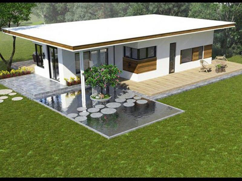 Mẫu nhà 1 tầng giá 300 triệu sử dụng tông màu trắng tinh tế, kết hợp hệ thống cửa sổ, cửa ra vào chất liệu kính khiến căn nhà trở nên hiện đại và bắt mắt. Ngoài ra, điểm nhấn độc đáo là hồ nước, tiểu cảnh trước nhà