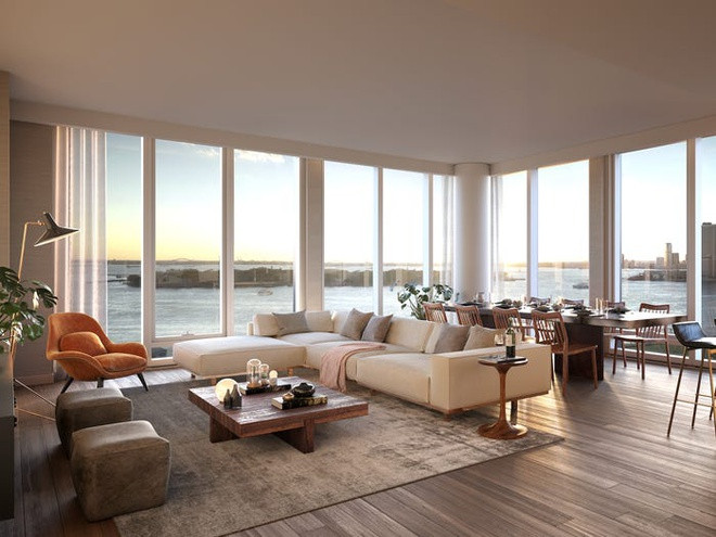 Căn hộ có diện tích hơn 690 m2 với 5 phòng ngủ và 5 phòng tắm. Phòng khách thoáng đãng, rộng rãi, tràn ngập ánh sáng tự nhiên được tích hợp với khu vực ăn uống mang phong cách cởi mở.