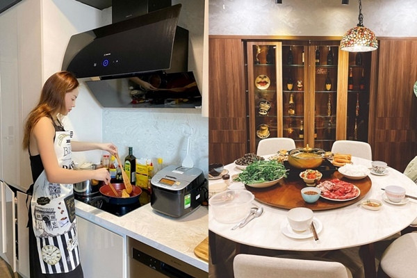 Không gian bếp màu trắng tinh tế Hoa hậu, cũng là một người chơi đồ hiệu có tiếng, cô tư sắm cho mình những món đồ với thương hiệu nổi tiếng thế giới như Chanel, Gucci, Louis Vuitton... và đây chính là nơi mà Kỳ Duyên vô cùng yêu quý.