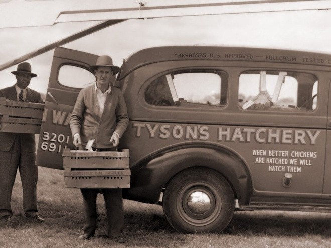 Tyson Foods ra đời từ thời Đại suy thoái những năm 1930. Vào năm 1931, doanh nhân John W. Tyson (ảnh) cùng gia đình chuyển tới Springdale, bang Arkansas và thành lập một công ty giao thịt gà quanh khu vực Trung Tây nước Mỹ. Vào những năm 1940, khi nhu cầu thịt gia cầm tăng mạnh, Tyson chuyển sang nuôi gà và kinh doanh thức ăn gia cầm, mở rộng công ty thành Tyson Feed và Hatchery, Inc.