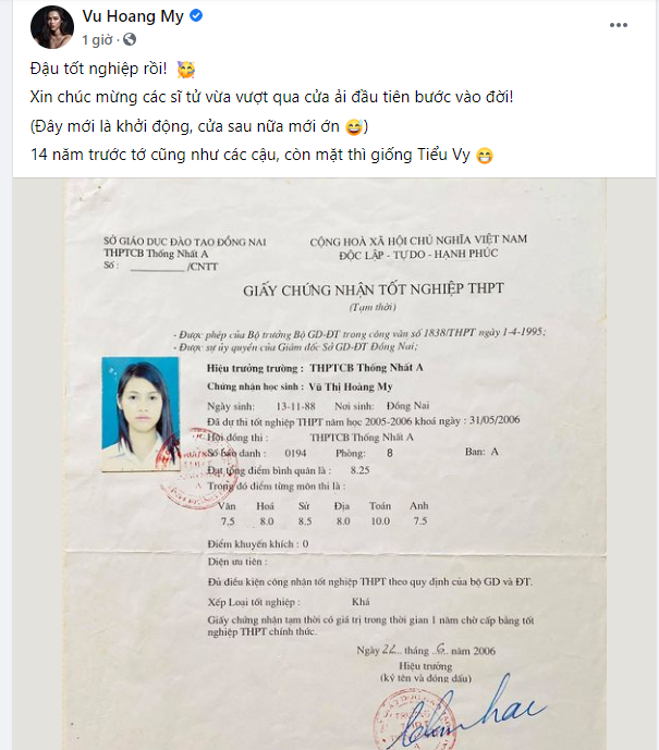 A hau Hoang My khoe bang diem 'khung', anh the cuc giong Tieu Vy