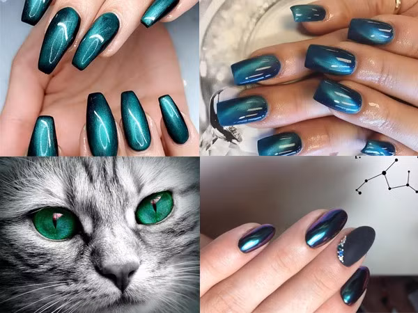 Mẫu nail mắt mèo màu nâu Những tưởng sắc nâu vàng sẽ là màu sắc được riêng các quý cô trung niên ưa chuộng, nhưng nó cũng lấy lòng được cả các cô nàng theo phong cách sang trọng, kiêu sa với biến tấu thêm hoa văn hiện đại. Với ý tưởng muốn tạo điểm nhấn riêng cho bộ móng, người nghệ sĩ nail đã thiết kế vệt theo hướng chéo, thẳng hay ngang tùy ý hoặc có khi là những mẫu nhiều màu với vệt sáng loằng ngoằng tự do.