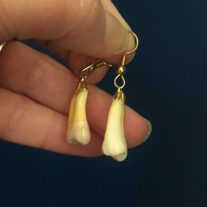 Món đồ độc lạ này thực sự khiến mọi người phải "ồ" lên. Chủ nhân của nó phải cực kỳ sáng tạo mới nghĩ ra việc mạ chốt vàng vào 2 chiếc răng để làm đồ trang sức.