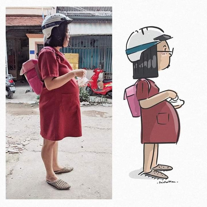 Linh Nghi khoe bức hình khoảnh khắc đáng yêu lúc mang bầu được chồng vẽ tặng. Linh Nghi đã là mẹ của 2 con, bé Xoài 20 tháng tuổi và Bánh Bao mới 6 tháng tuổi. Ông xã cô là họa sĩ Hoàng Anh Đức (sinh năm 1988) - thường được dân mạng biết tới với biệt danh Painter Man với loạt tranh hài hước. Bà mẹ 26 tuổi hào hứng kể đây không phải lần đầu tiên cô trở thành "đề tài" của chồng. "Mình còn rất nhiều hình được chồng chụp và vẽ cho. Dù nhiều lúc bị 'chộp' mấy khoảnh khắc xấu xí, bù xù không tả được nhưng chồng luôn miệng bảo 'Anh thấy dễ thương mà' nên mình cũng vui vui". Linh Nghi kể quen chồng qua Facebook. Dù khi đó đang có nhiều người theo đuổi, cô cảm nhận được "cái duyên" và sự chân thành của chàng họa sĩ nên rung động và có tình cảm ngày càng sâu sắc. Vốn là người dễ bị cảm xúc tiêu cực chi phối, Nghi biết mình gặp đúng người khi Anh Đức luôn hướng cô tới những điều vui vẻ, lạc quan. "Kết hôn gần 3 năm, mình không có gì 'vỡ mộng' về chồng mà chỉ hạnh phúc khi nhận bất ngờ này tới bất ngờ khác từ anh. Khi còn yêu, anh khá lạnh lùng, không nói nhiều cũng không bày tỏ tình cảm sến súa. Nhưng khi đã thành vợ chồng, anh chiều mình như công chúa. Đã có 2 con, mình vẫn được chiều nhất nhà, anh hay gọi mình là 'vợ bé nhỏ' thôi".