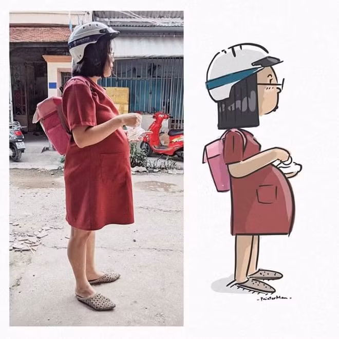 Linh Nghi khoe bức hình khoảnh khắc đáng yêu lúc mang bầu được chồng vẽ tặng. Linh Nghi đã là mẹ của 2 con, bé Xoài 20 tháng tuổi và Bánh Bao mới 6 tháng tuổi. Ông xã cô là họa sĩ Hoàng Anh Đức (sinh năm 1988) - thường được dân mạng biết tới với biệt danh Painter Man với loạt tranh hài hước. Bà mẹ 26 tuổi hào hứng kể đây không phải lần đầu tiên cô trở thành "đề tài" của chồng. "Mình còn rất nhiều hình được chồng chụp và vẽ cho. Dù nhiều lúc bị 'chộp' mấy khoảnh khắc xấu xí, bù xù không tả được nhưng chồng luôn miệng bảo 'Anh thấy dễ thương mà' nên mình cũng vui vui". Linh Nghi kể quen chồng qua Facebook. Dù khi đó đang có nhiều người theo đuổi, cô cảm nhận được "cái duyên" và sự chân thành của chàng họa sĩ nên rung động và có tình cảm ngày càng sâu sắc. Vốn là người dễ bị cảm xúc tiêu cực chi phối, Nghi biết mình gặp đúng người khi Anh Đức luôn hướng cô tới những điều vui vẻ, lạc quan. "Kết hôn gần 3 năm, mình không có gì 'vỡ mộng' về chồng mà chỉ hạnh phúc khi nhận bất ngờ này tới bất ngờ khác từ anh. Khi còn yêu, anh khá lạnh lùng, không nói nhiều cũng không bày tỏ tình cảm sến súa. Nhưng khi đã thành vợ chồng, anh chiều mình như công chúa. Đã có 2 con, mình vẫn được chiều nhất nhà, anh hay gọi mình là 'vợ bé nhỏ' thôi".