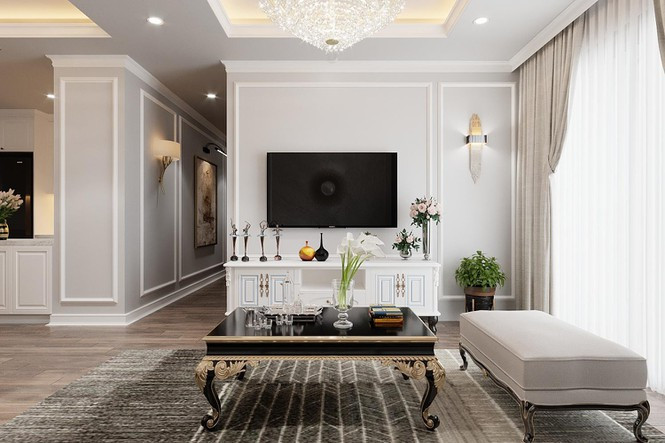 ##s###Căn hộ có tổng diện tích 115 m2 mang phong cách tân cổ điển bao gồm 3 phòng ngủ, 1 phòng khách, 1 phòng bếp và 2 nhà vệ sinh.