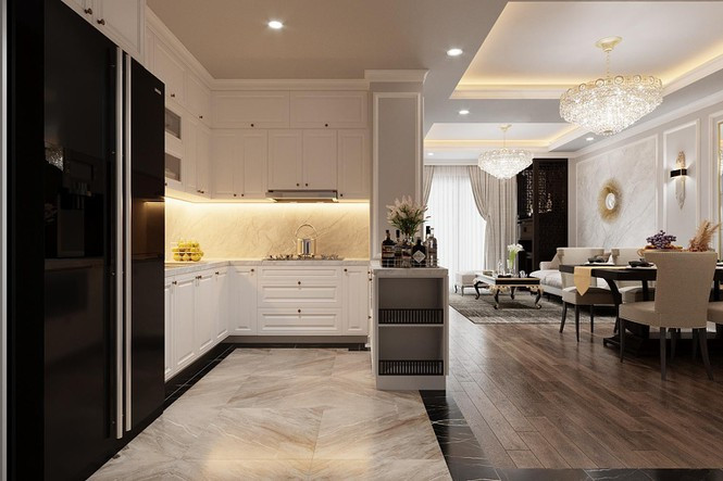 ##s###Phòng bếp được bài trí ngăn nắp, nhỏ gọn với nộị thất thông minh, tiện lợi cho việc nấu nướng và dọn dẹp, giúp tiết kiệm khoảng không gian cho toàn bộ căn hộ.