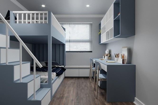 ##s###Việc đặt bàn học ngay cạnh giường tầng sẽ giúp các bé chủ động hơn trong việc học tập và nghỉ ngơi sau những giờ học căng thẳng.