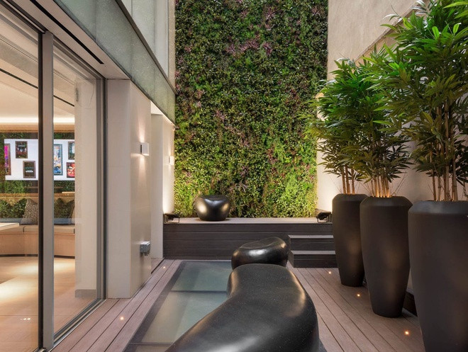 Ngăn cách hai khu vực nhà là một khoảng sân với nhiều mảng xanh mát mắt.