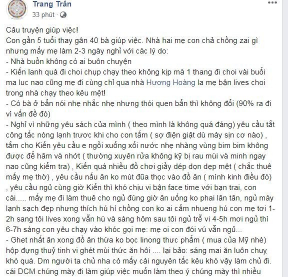Thay gan 40 nguoi giup viec, Trang Tran bi chong che kho tinh