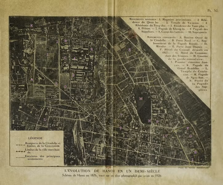 Bản đồ Hà Nội năm 1876 dựa trên một bản đồ không ảnh chụp năm 1826.