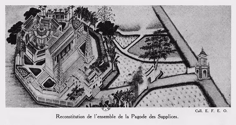 Tranh vẽ toàn cảnh chùa Khổ Hình - tên người Pháp gọi chùa Báo Ân bên bờ hồ Hoàn Kiếm.