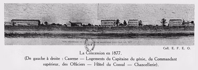 Khu Nhượng địa năm 1877. Từ trái sang phải: Trại lính - nhà ở của chỉ huy trưởng công binh, Tổng chỉ huy quân đội và các sĩ quan - Tòa lãnh sự - Tòa chưởng ấn.