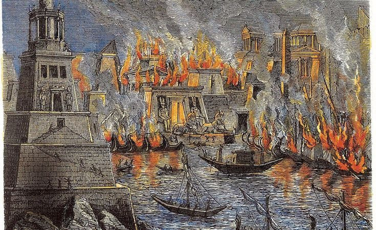  5. Bị phá hủy. Thư viện Alexandria bị tàn phá qua nhiều sự kiện khác nhau, với các giả thuyết cho rằng nó bị Julius Caesar đốt cháy (năm 48 TCN), người La Mã, Cơ đốc giáo hay quân Hồi giáo phá hủy. Tuy nhiên, không có bằng chứng rõ ràng về thời điểm thư viện hoàn toàn biến mất. Ảnh: Pinterest.