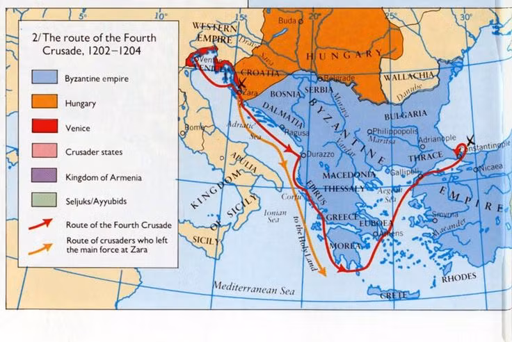  1. Cuộc Thập tự chinh thứ 4 không bao giờ đến Đất Thánh. Mặc dù mục tiêu ban đầu là giành lại Jerusalem từ tay người Hồi giáo, nhưng cuộc viễn chinh chưa bao giờ đến được nơi này. Thay vào đó, quân Thập tự chinh tấn công và chiếm đóng Constantinople. Ảnh: Pinterest.