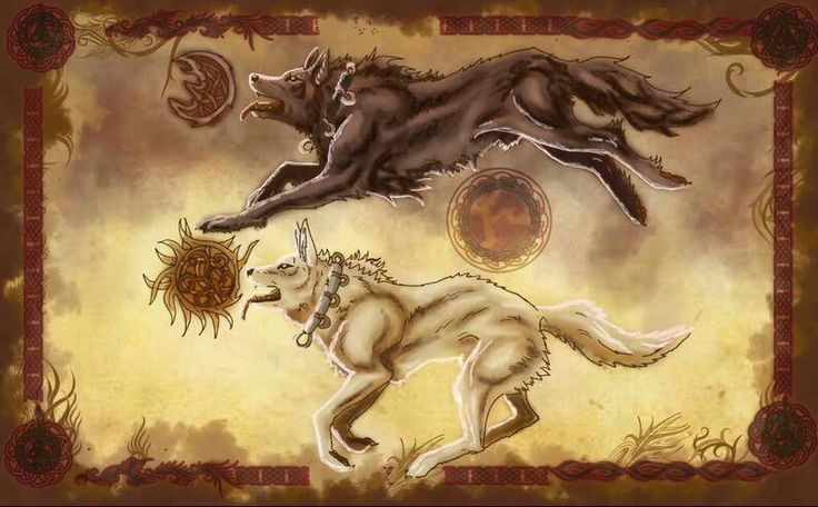  6. Mặt trời và mặt trăng bị nuốt chửng. Hai con sói quái vật Sköll và Hati sẽ đuổi theo và cuối cùng nuốt chửng mặt trời và mặt trăng, khiến thế giới chìm trong bóng tối. Ảnh: Pinterest.