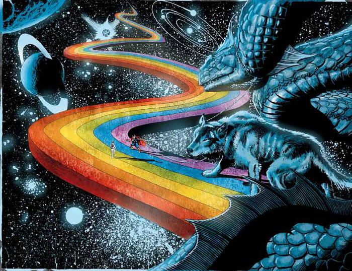  7. Cây cầu Bifröst sụp đổ. Heimdall sẽ thổi tù và Gjallarhorn báo hiệu Ragnarök, và cây cầu cầu vồng Bifröst sẽ bị phá hủy khi quân đoàn của người khổng lồ tiến vào Asgard. Ảnh: Pinterest.