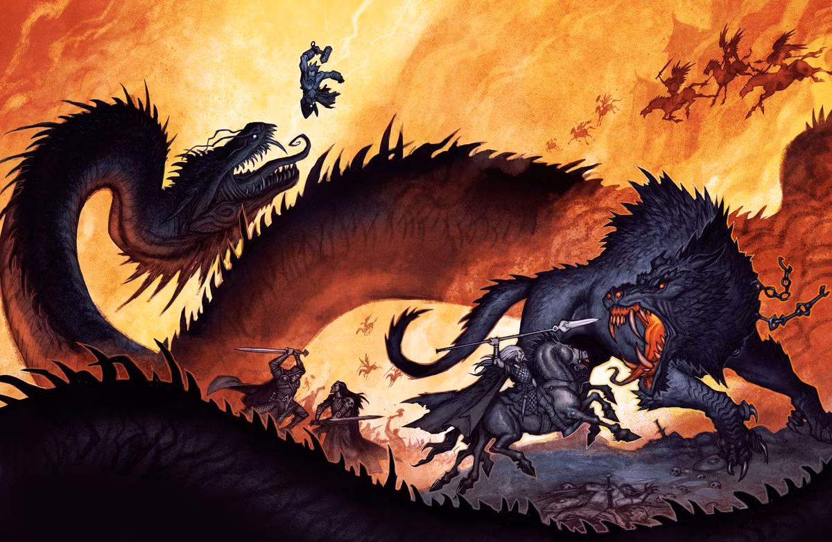  3. Những sinh vật khổng lồ tấn công thế giới. Nhiều quái vật khổng lồ sẽ tham gia cuộc chiến: Jörmungandr (rắn khổng lồ) trỗi dậy từ biển cả; Fenrir (sói khổng lồ) thoát khỏi xiềng xích và nuốt chửng Odin; Surtr (người khổng lồ lửa) thiêu rụi thế giới bằng thanh kiếm rực lửa. Ảnh: Pinterest.