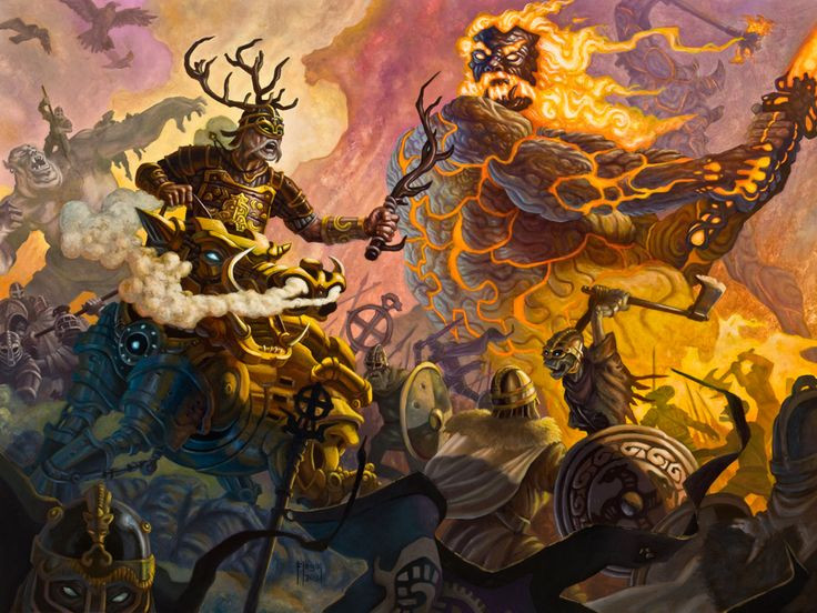  5. Cái chết của Odin, Thor và Loki. Odin bị Fenrir nuốt chửng. Thor giết được Jörmungandr nhưng cũng chết ngay sau đó vì nọc độc của con rắn. Loki chiến đấu với Heimdall và cả hai cùng bỏ mạng. Ảnh: Pinterest.