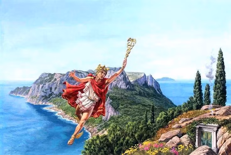  1. Thần Hermes có thể di chuyển giữa các thế giới. Thần Hermes là một trong số ít vị thần có thể tự do đi lại giữa đỉnh Olympus, trần gian và cả địa ngục, nhờ vào tốc độ và đôi dép có cánh đặc trưng. Ảnh: Pinterest.