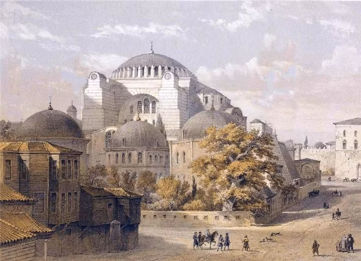  8. Biến Hagia Sophia thành nhà thờ Hồi giáo. Sau khi chiếm được thành phố, Mehmed II biến nhà thờ Hagia Sophia – biểu tượng của Thiên Chúa giáo Chính Thống – thành một nhà thờ Hồi giáo, đánh dấu sự thay đổi văn hóa và tôn giáo của Constantinople. Ảnh: Pinterest.