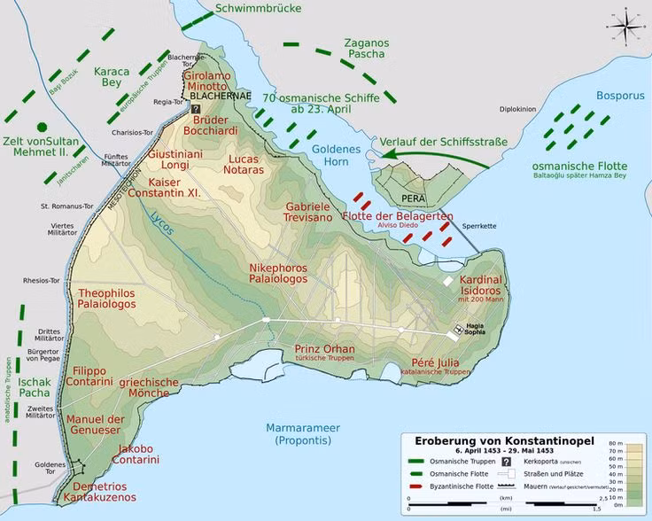 5. Mehmed II kéo thuyền qua đất liền để vượt qua phòng thủ. Quân Ottoman đã vận chuyển tàu chiến bằng đường bộ qua các đồi cao để đưa hạm đội vào Sừng Vàng, một chiến thuật táo bạo khiến quân phòng thủ Byzantine bất ngờ. Ảnh: Pinterest.