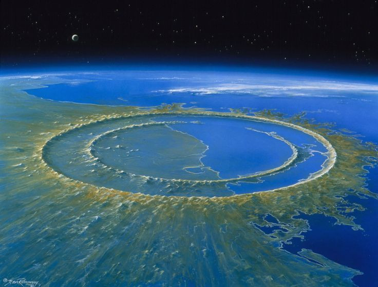  Vụ va chạm Chicxulub (khoảng 66 triệu năm trước). Vụ va chạm này gây ra một miệng hố rộng 180 km tại bán đảo Yucatán, Mexico. Đây được cho là nguyên nhân chính gây ra sự kiện tuyệt chủng của loài khủng long vào cuối kỷ Phấn Trắng. Thiên thạch này có đường kính khoảng 10 km và gây ra sự thay đổi khí hậu toàn cầu. Ảnh: Pinterest.