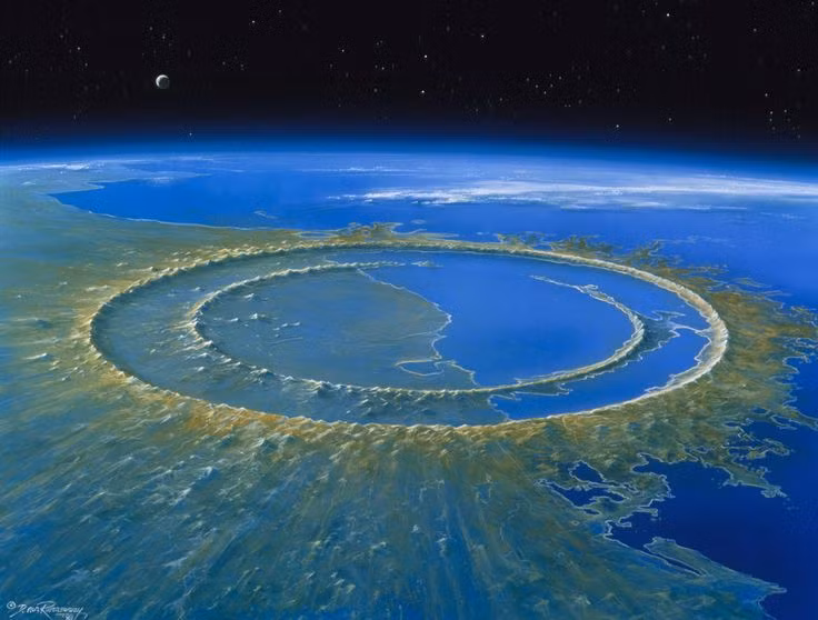  Vụ va chạm Chicxulub (khoảng 66 triệu năm trước). Vụ va chạm này gây ra một miệng hố rộng 180 km tại bán đảo Yucatán, Mexico. Đây được cho là nguyên nhân chính gây ra sự kiện tuyệt chủng của loài khủng long vào cuối kỷ Phấn Trắng. Thiên thạch này có đường kính khoảng 10 km và gây ra sự thay đổi khí hậu toàn cầu. Ảnh: Pinterest.