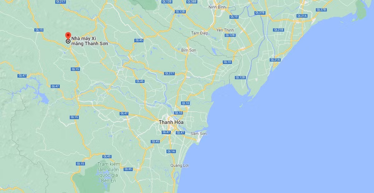 Vị trí dự án Nhà máy xi măng Thanh Sơn cách trung tâm TP Thanh Hóa khoảng 80 km. Ảnh: Google Maps.