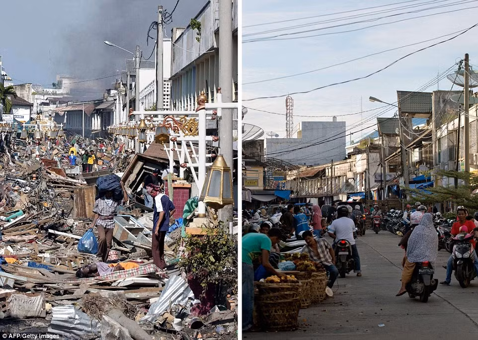 Ảnh trái chụp cảnh người dân địa phương đi qua khu vực bị ảnh hưởng nặng nề, khiến nhiều nhà cửa bị phá hủy ở Banda Aceh vài ngày sau khi Indonesia hứng chịu thảm họa sóng thần. Cùng địa điểm đó, người dân trở lại cuộc sống bình thường, buôn bán hàng hóa vào ngày 27/11/2014.