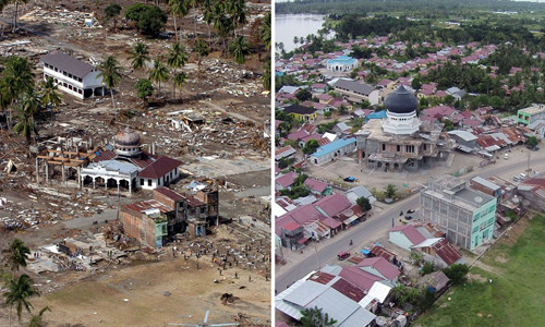 Ảnh chụp nhà thờ Hồi giáo ở quận Aceh Jaya bị hư hại nặng ngày 2/1/2005 (ảnh trái). 10 năm sau, khu vực này đã thay da đổi thịt (ảnh phải).