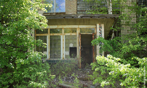 Lối vào trường học ở Pripyat, với những cánh cửa sổ vỡ kính, khung sắt hoen rỉ theo thời gian.